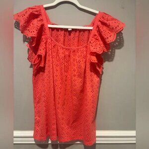 Women's LOFT Coral Eyelet Ruffle Sleeve Top - Size Large worn 2 times
